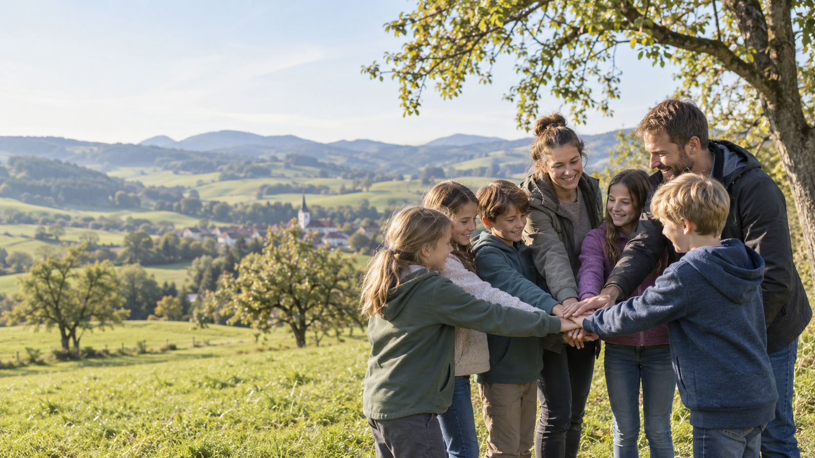 Kinder und ehrenamtliche Helfer stehen im Mostviertel zusammen und legen ihre Hände gemeinsam in die Mitte